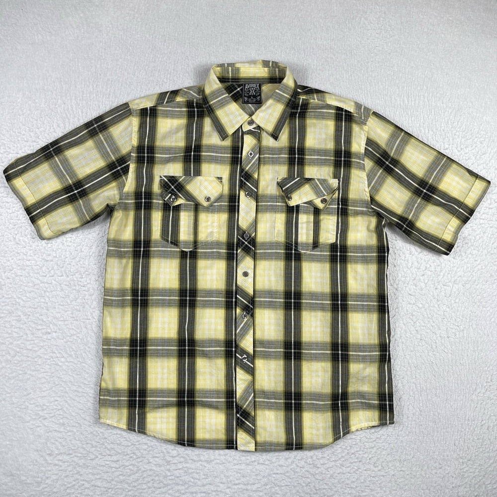 Avirex Shirt Mens Large Yellow Plaid Casual Streetwear Everyday Skater Workwear